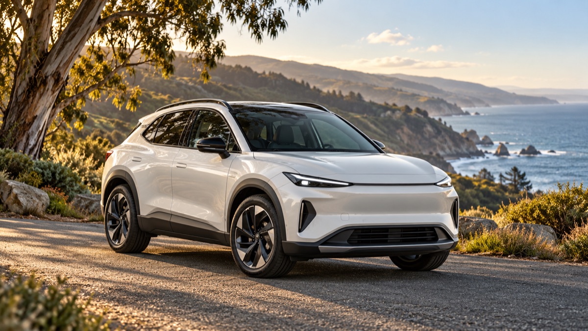 Illustrative pearl-white electric crossover on a sunlit California coastal road